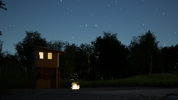 Exterior view of cabin at night